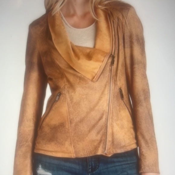 ELAN Faux Distressed Leather Asymetrical Zipper Jacket Caramel Brown Womens M - Picture 1 of 9